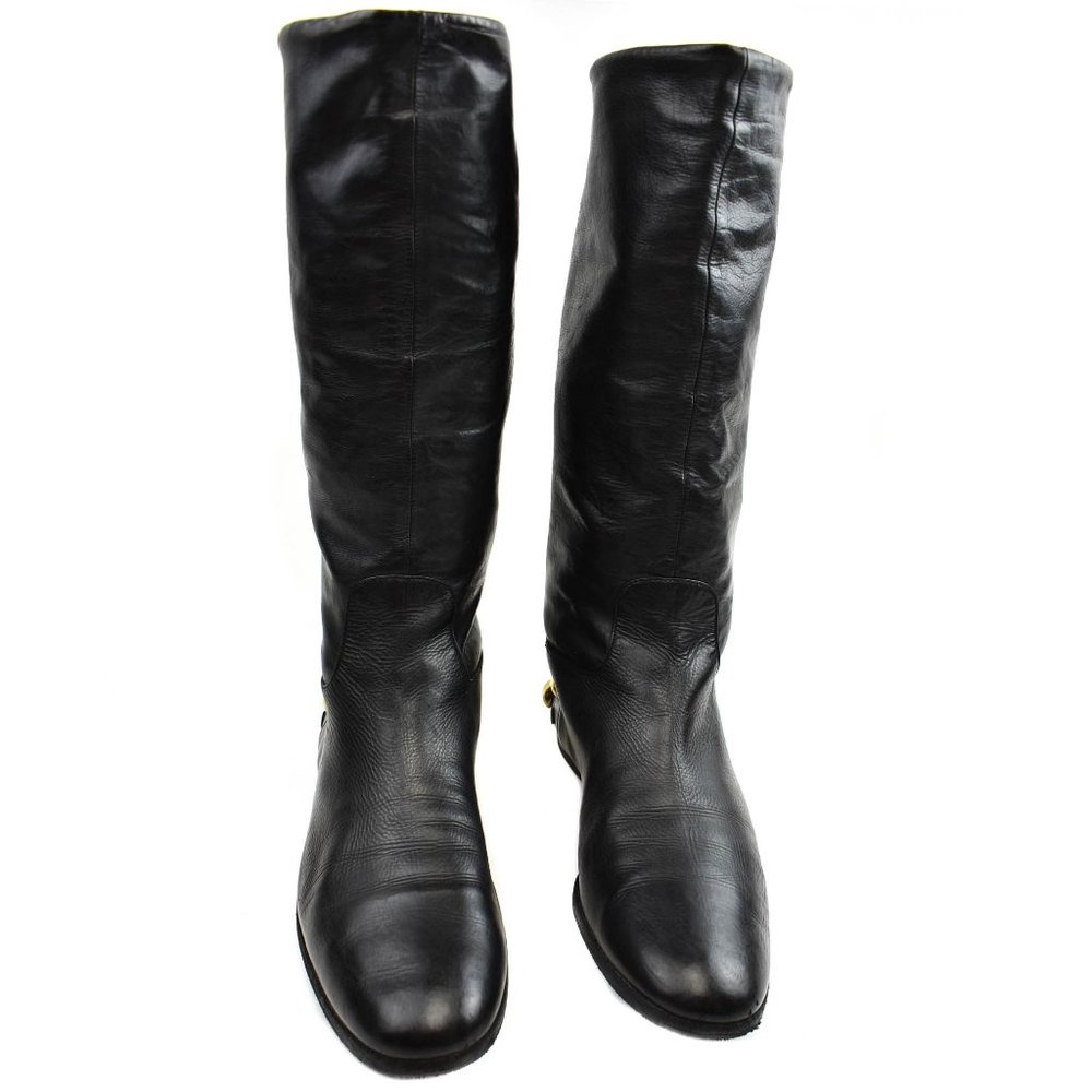 GUCCI: Black Leather & Gold Studded, Moto Boots - Picture 2 of 10